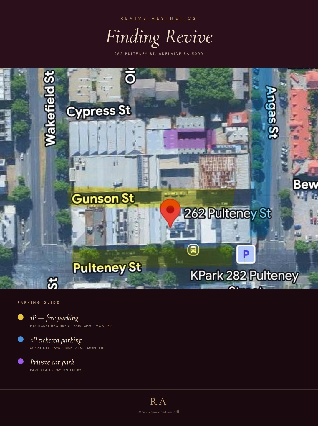Parking guide for Revive Aesthetics — 262 Pulteney St, Adelaide